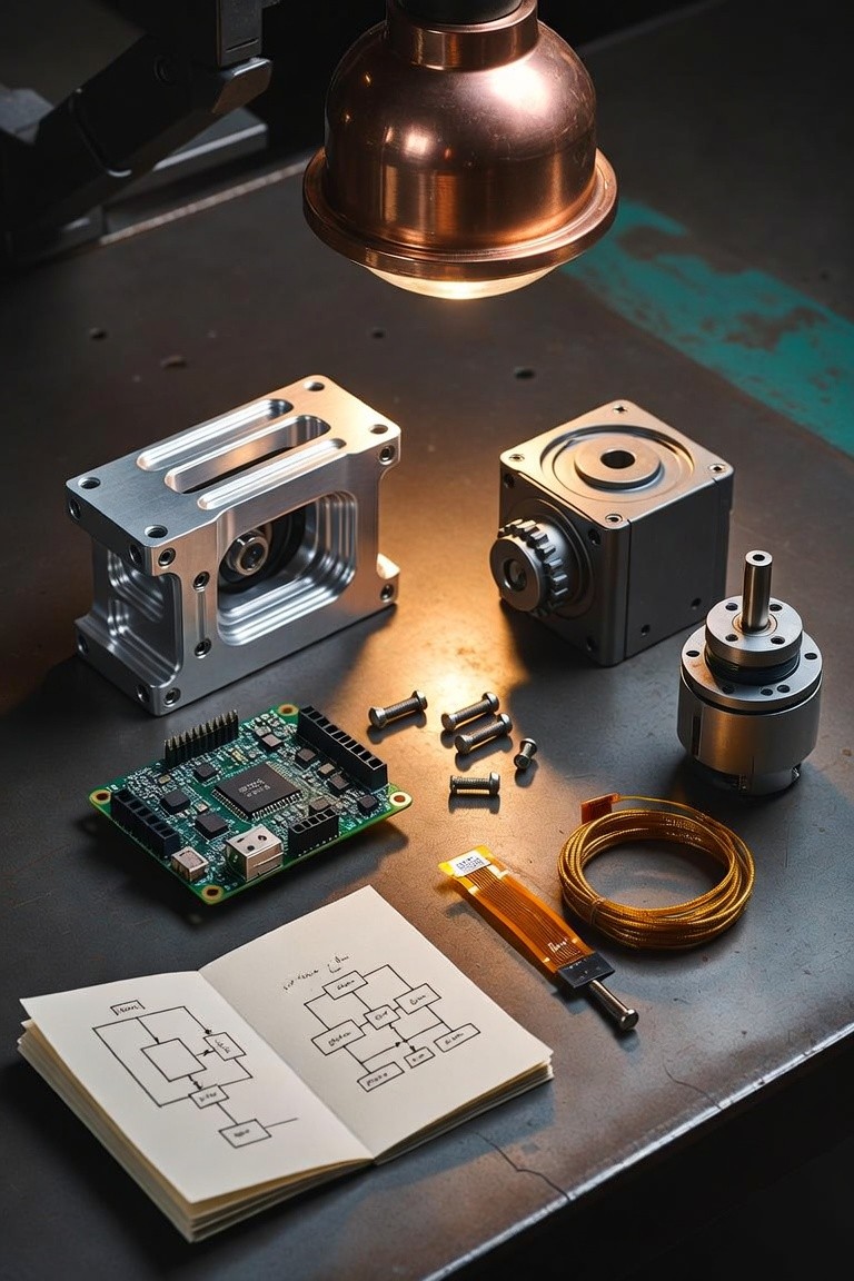 Machined housings, a control board, flex cable and a sketch on the bench — the parts before they become a machine.